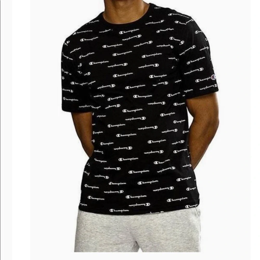 Champion All Over Logo Print T-Shirt Men’s 2XL Black White Graphic Tee - Picture 3 of 9